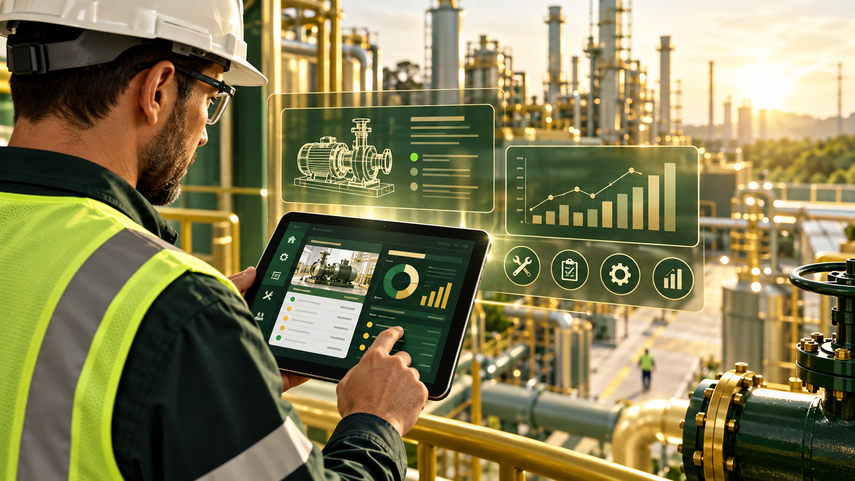 Industrial analytics dashboard at sunrise